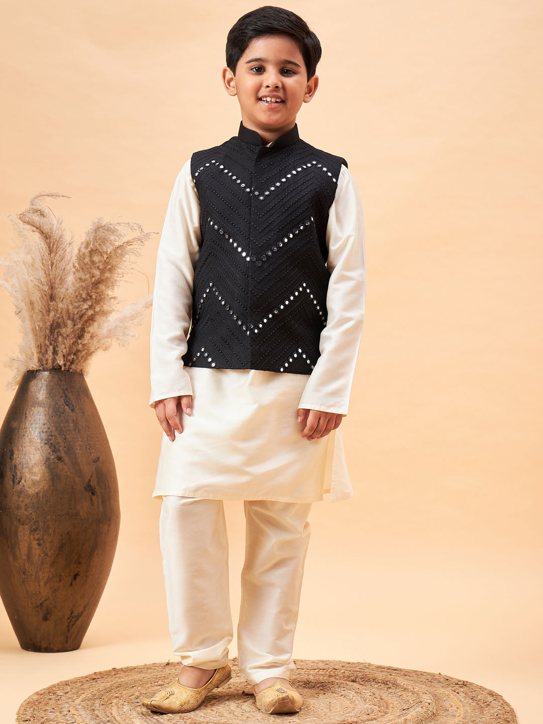 Boy's Black Mirror Work Jacket And Solid Kurta Pyjama Set