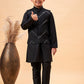 Boy's Black Mirror Work Jacket And Solid Kurta Pyjama Set