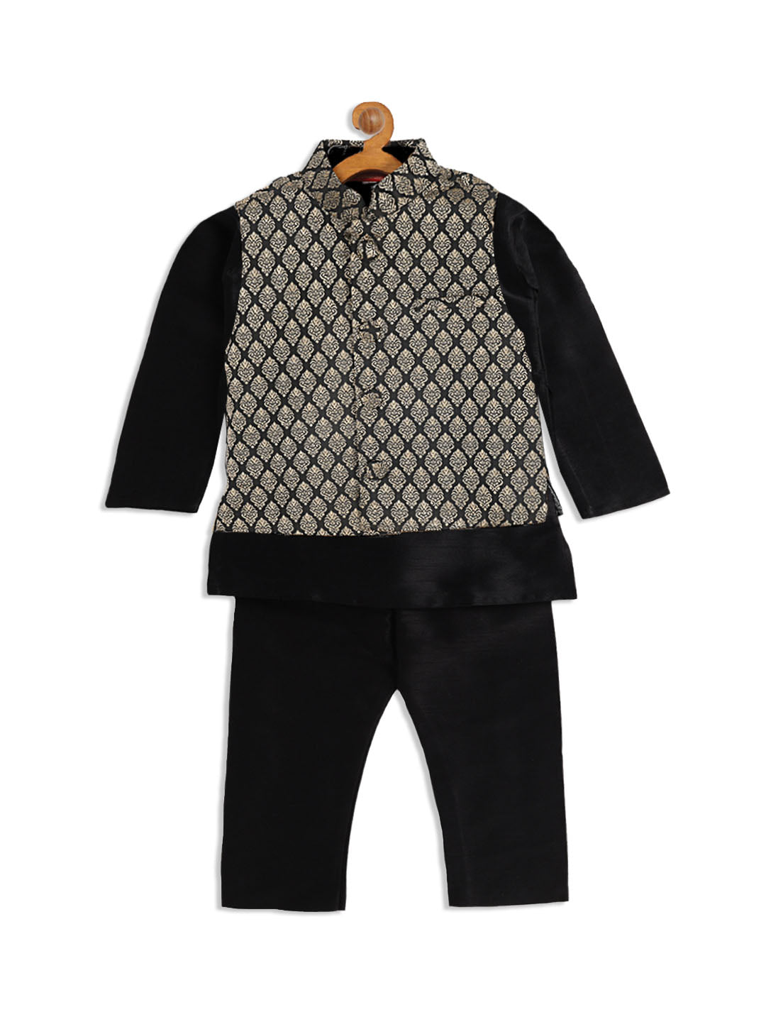 Boy's Black Woven Design Slim Fit Nehru Jacket And Black Kurta Pyjama Set