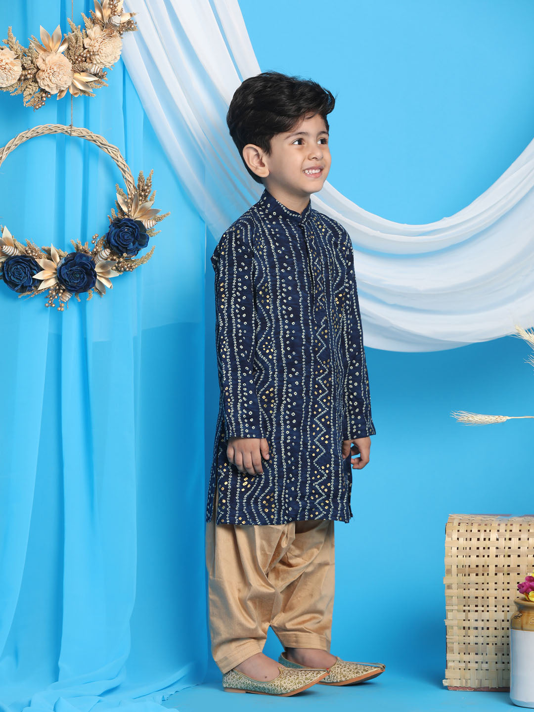 Boy's' Blue Bandhni Print Kurta And Rose Gold Patiala Set