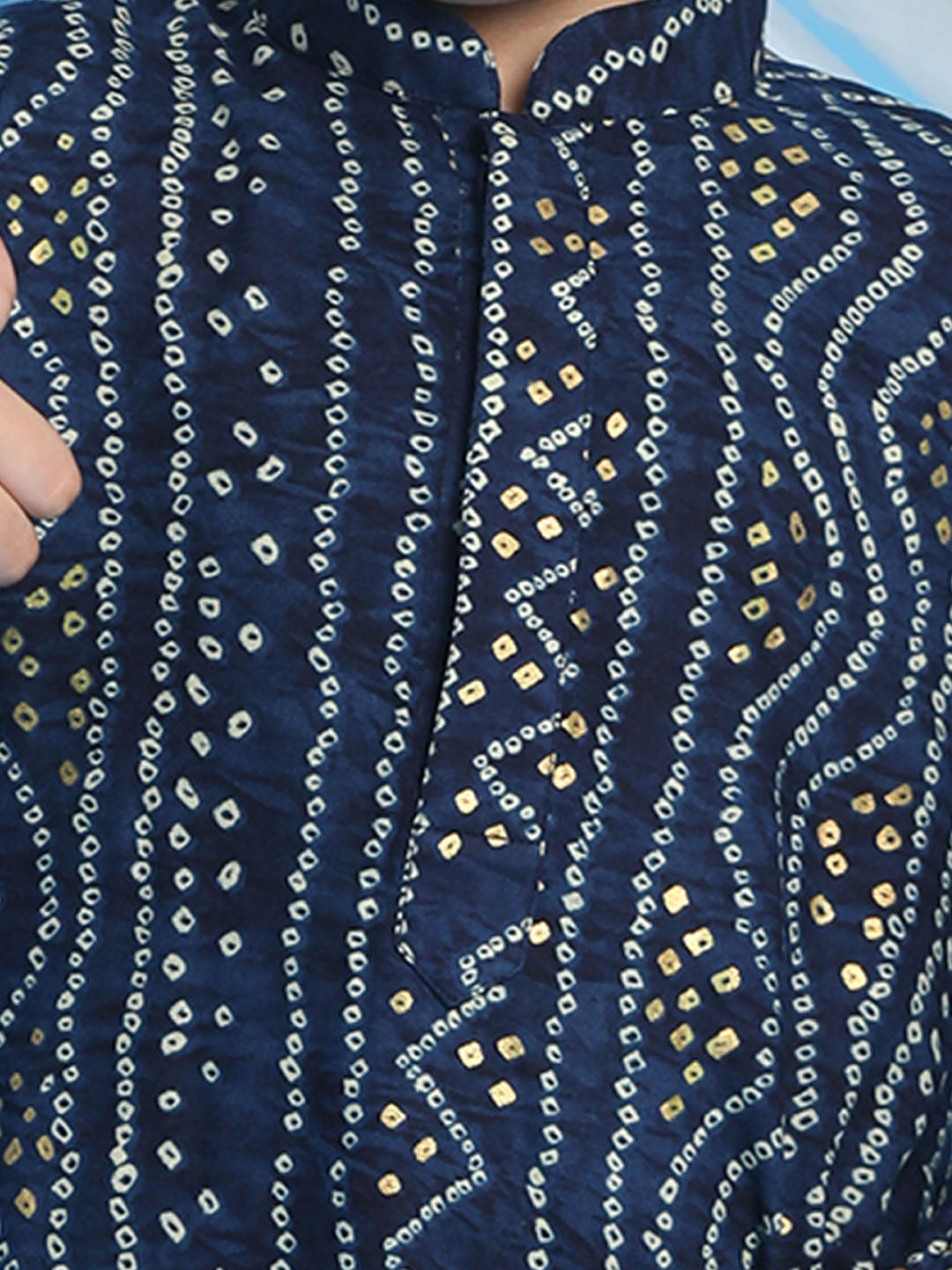 Boy's' Blue Bandhni Print Kurta And Rose Gold Patiala Set