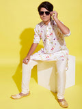 Boy's Cream Base Multi Color Cotton Kurta