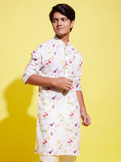 Boy's Cream Base Multi Color Cotton Kurta