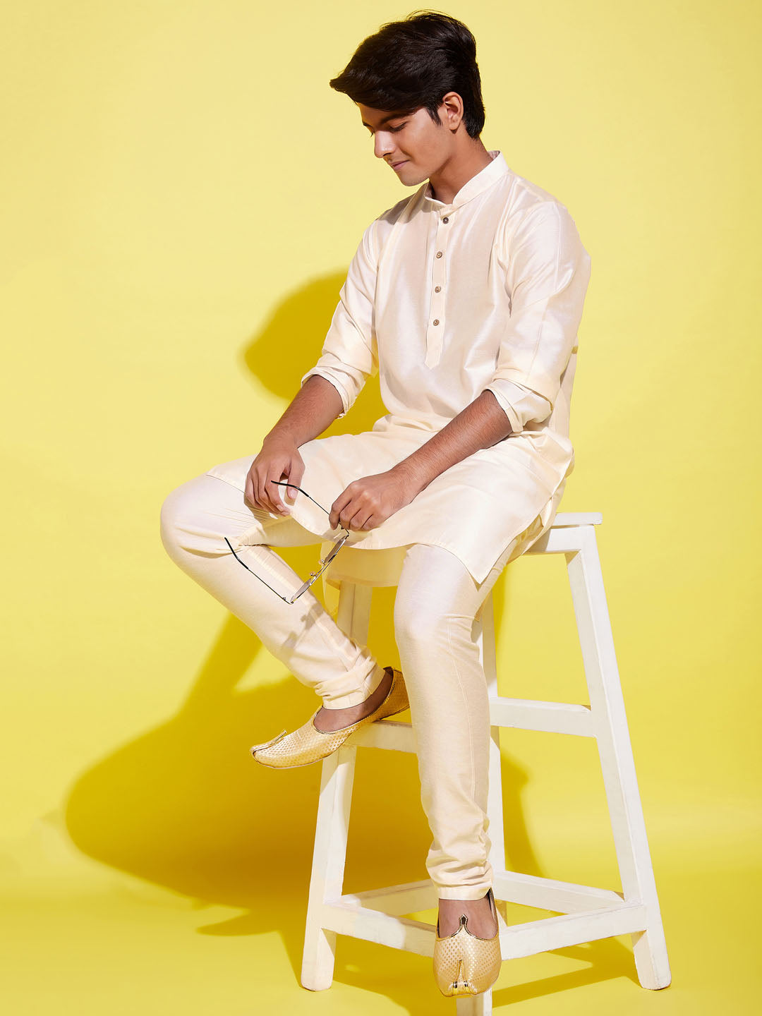 Boy's Cream Kurta With Pyjama Set