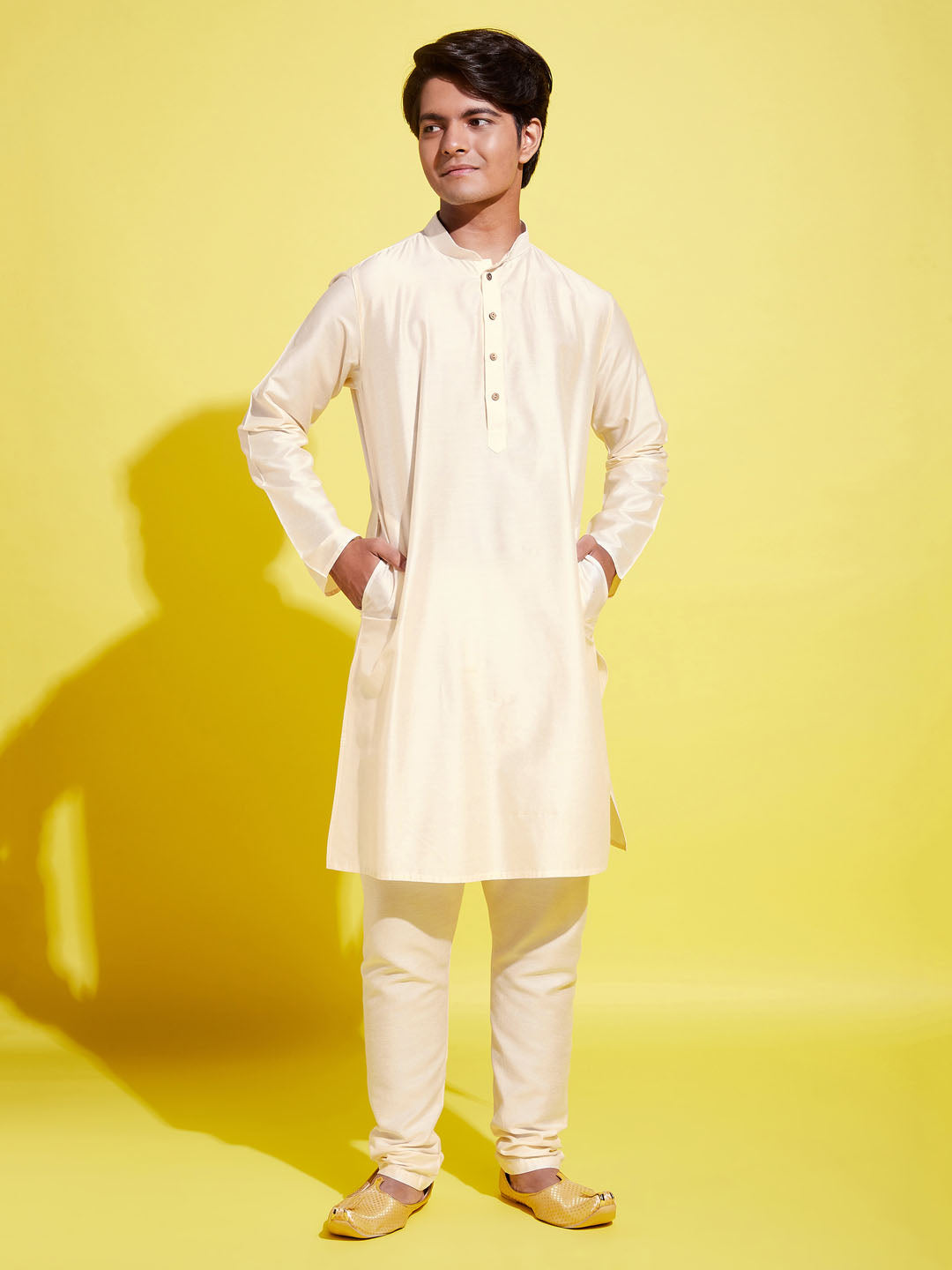 Boy's Cream Kurta With Pyjama Set
