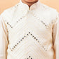 Boy's Cream Mirror Work Jacket And Solid Kurta Pyjama Set
