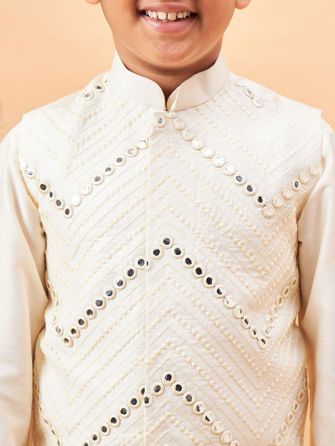 Boy's Cream Mirror Work Jacket And Solid Kurta Pyjama Set
