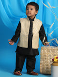 Boy's Cream Woven Design Slim Fit Nehru Jacket And Black Kurta Pyjama Set