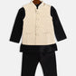 Boy's Cream Woven Design Slim Fit Nehru Jacket And Black Kurta Pyjama Set
