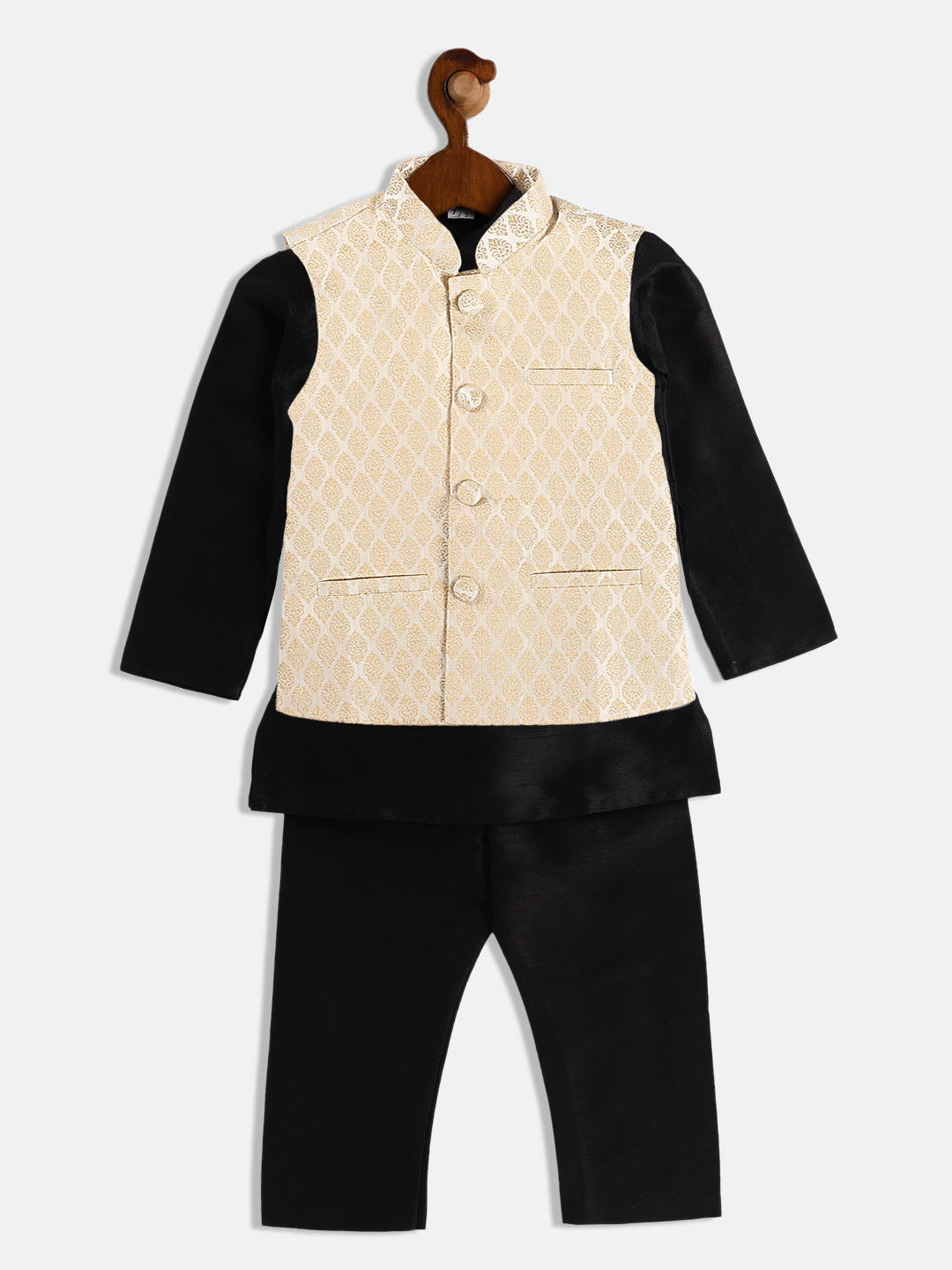 Boy's Cream Woven Design Slim Fit Nehru Jacket And Black Kurta Pyjama Set