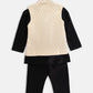Boy's Cream Woven Design Slim Fit Nehru Jacket And Black Kurta Pyjama Set