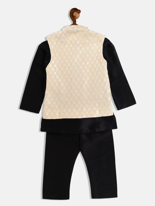 Boys' cream woven slim fit Nehru jacket and black kurta pyjama set, view 3