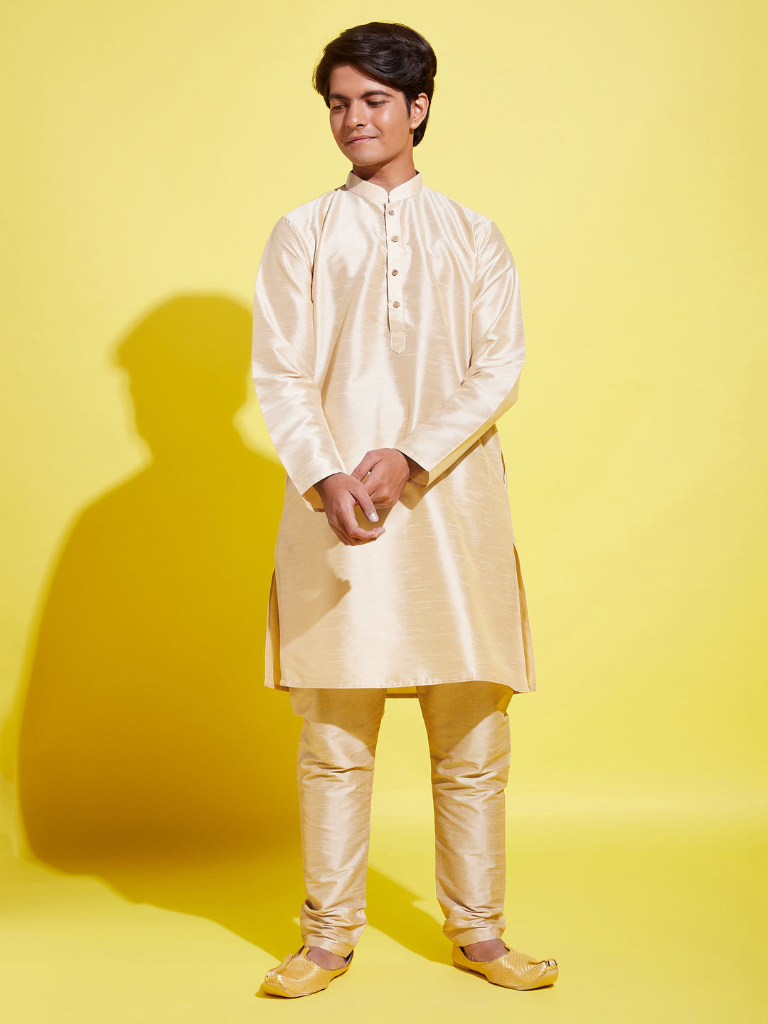 Boy's' Gold Silk Blend Kurta And Pyjama Set