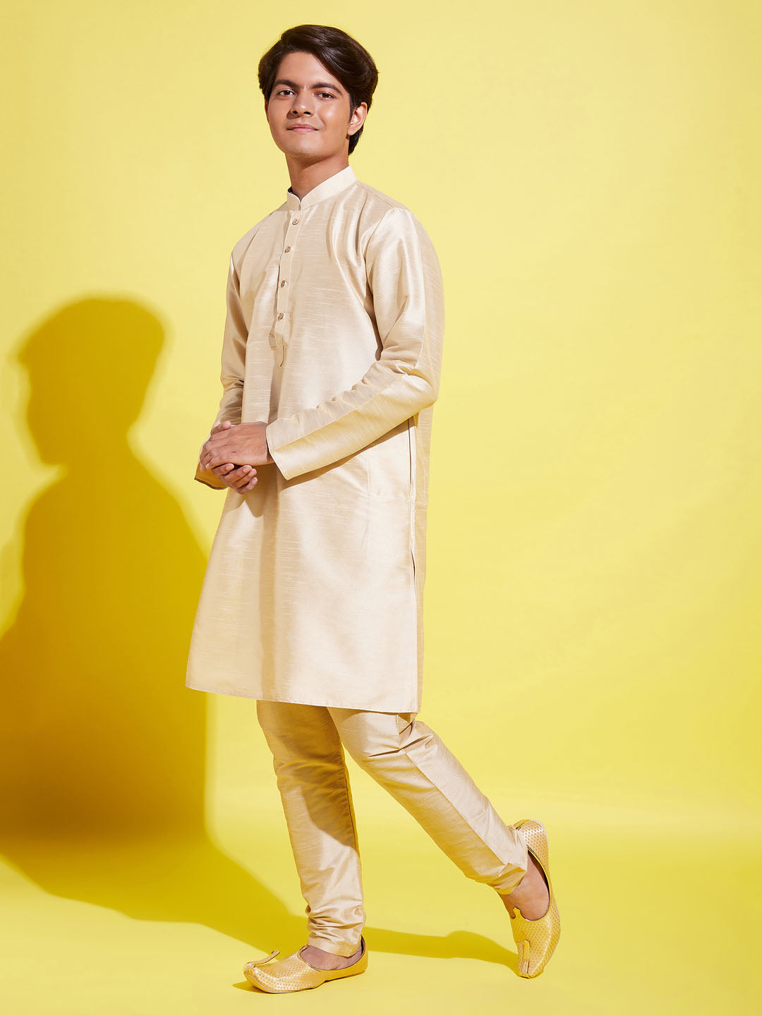 Boy's' Gold Silk Blend Kurta And Pyjama Set