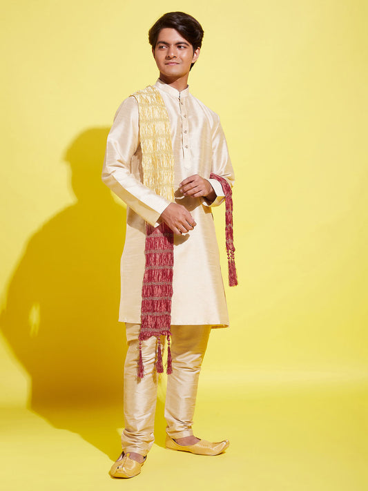 Boy's' Gold Silk Blend Kurta, Pyjama & Dupatta Set