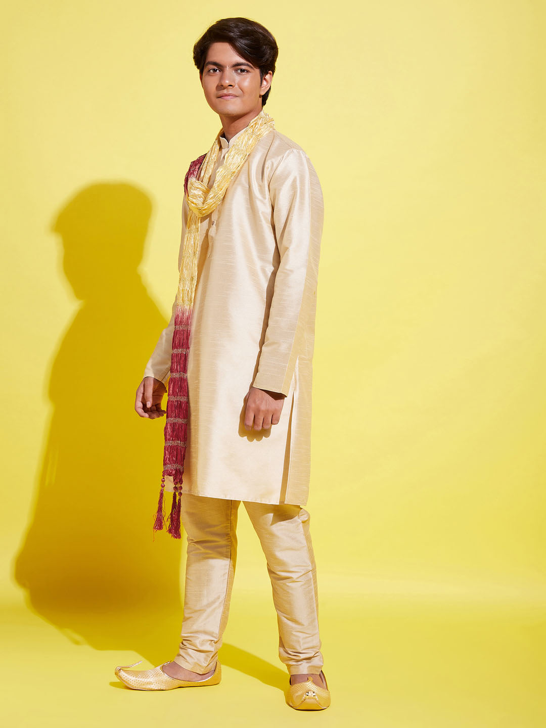 Boy's' Gold Silk Blend Kurta, Pyjama & Dupatta Set
