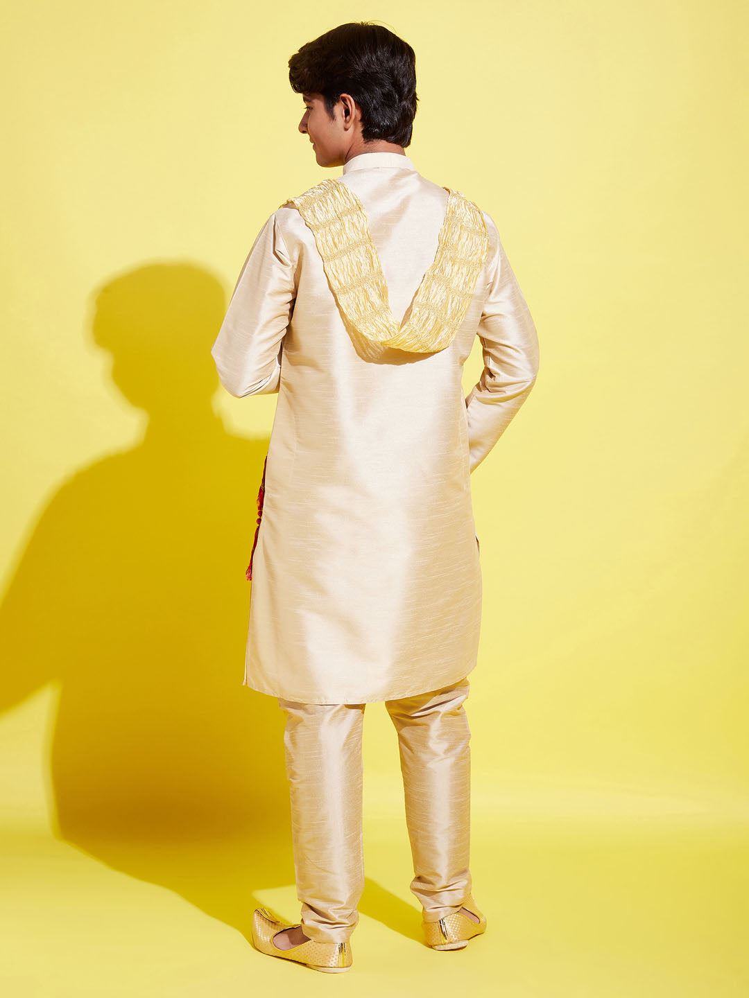 Boy's' Gold Silk Blend Kurta, Pyjama & Dupatta Set