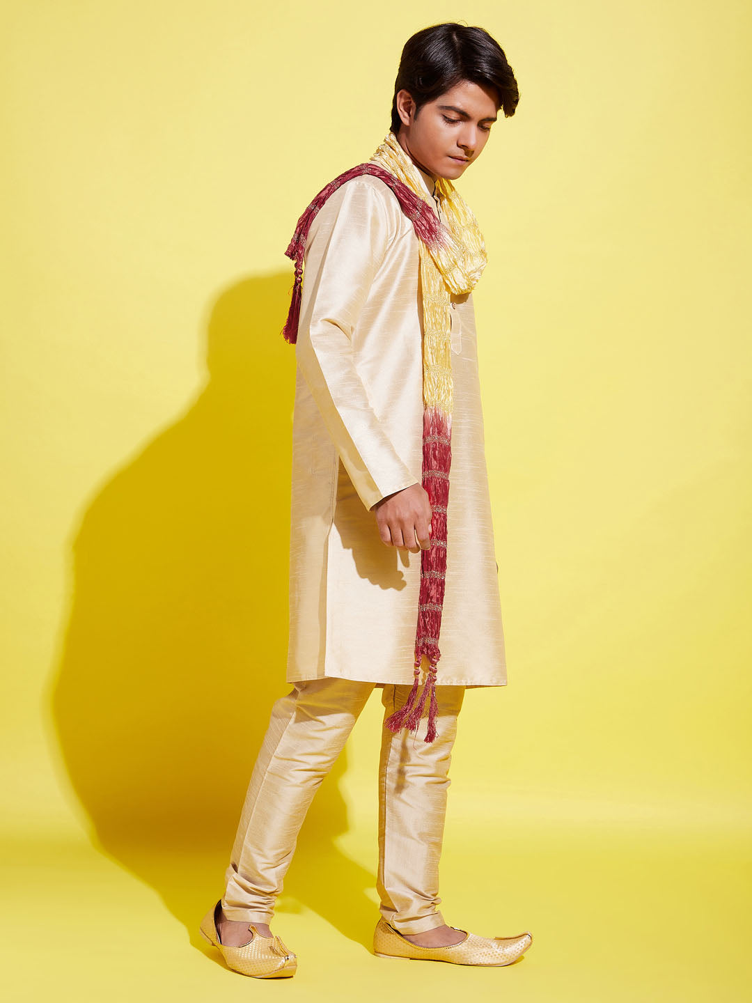 Boy's' Gold Silk Blend Kurta, Pyjama & Dupatta Set