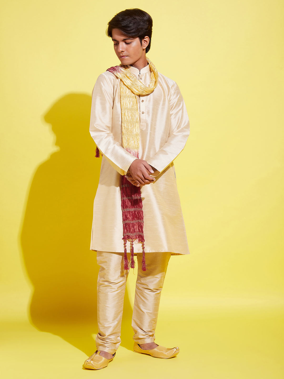 Boy's' Gold Silk Blend Kurta, Pyjama & Dupatta Set