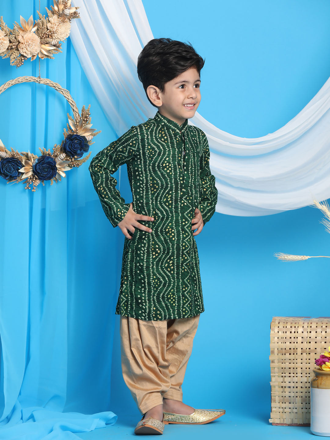 Boy's' Green Bandhni Print Kurta And Rose Gold Patiala Set