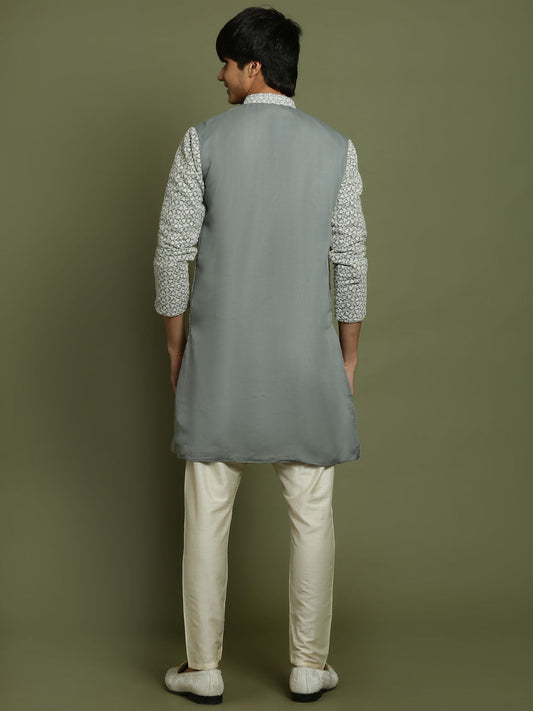 Boy's' Grey Georgette Chikankari Kurta Pyjama Set