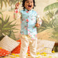 Boy's' Jacket With Yellow Floral Printed Cotton Kurta Pyjama Set