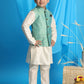 Boy's Light Green Woven Jacket With Cream Kurta And Pyjama Set