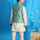 Boy's Light Green Woven Jacket With Cream Kurta And Pyjama Set