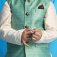 Boy's Light Green Woven Jacket With Cream Kurta And Pyjama Set
