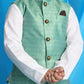Boy's Light Green Woven Jacket With White Kurta And Pyjama Set