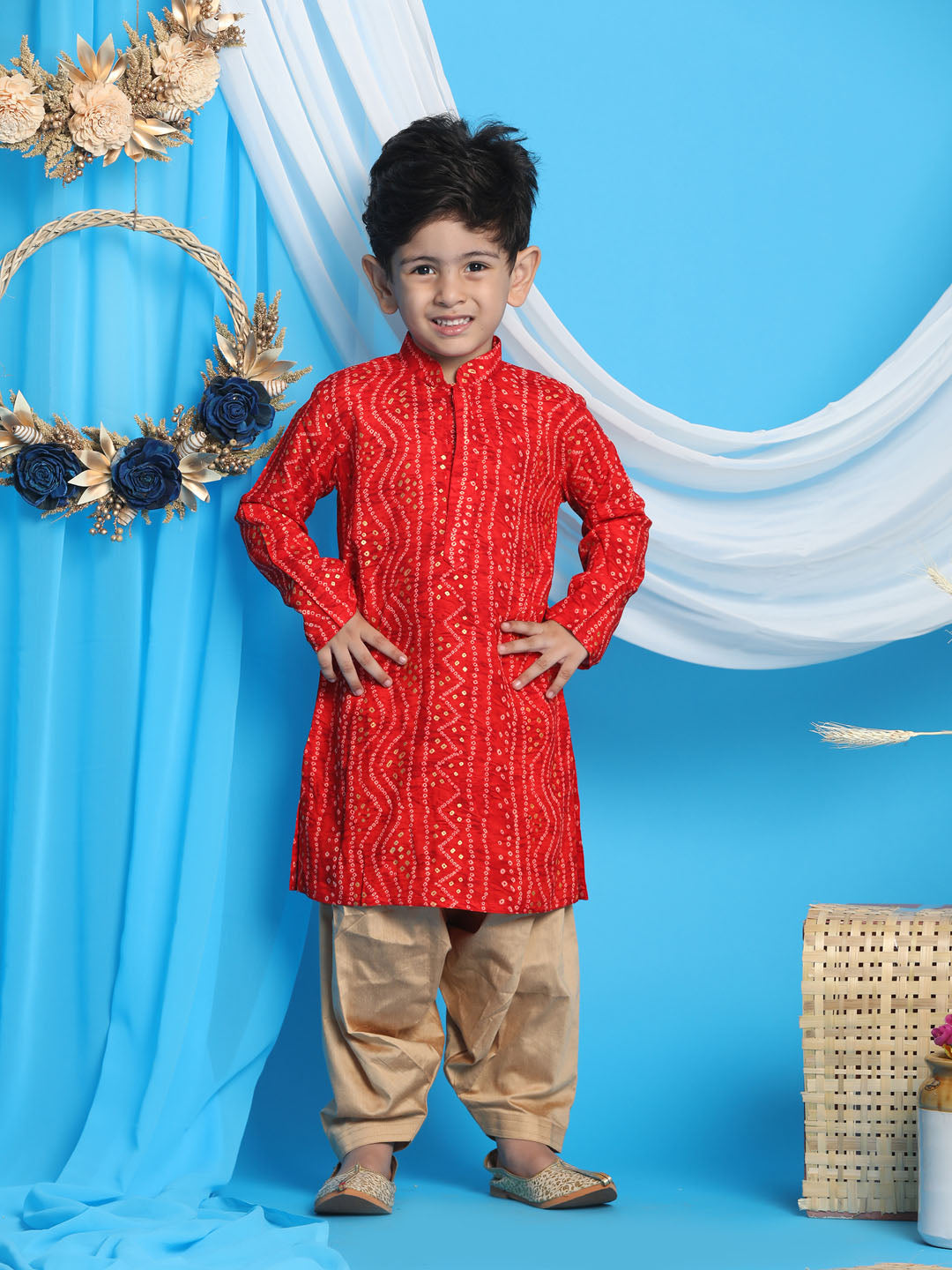 Boy's Maroon Bandhni Print Kurta And Rose Gold Patiala Set