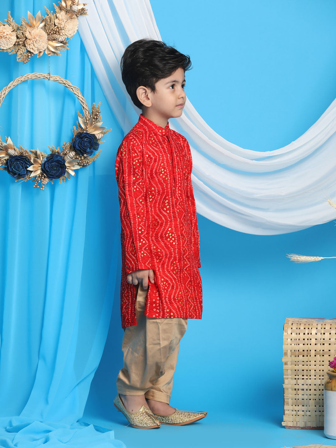 Boy's Maroon Bandhni Print Kurta And Rose Gold Patiala Set