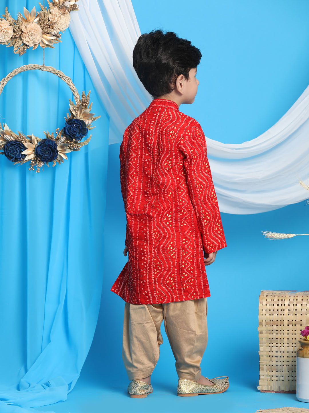 Boy's Maroon Bandhni Print Kurta And Rose Gold Patiala Set