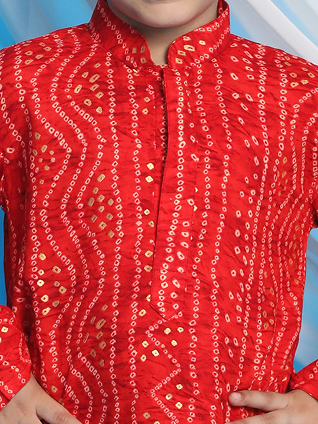 Boy's Maroon Bandhni Print Kurta And Rose Gold Patiala Set