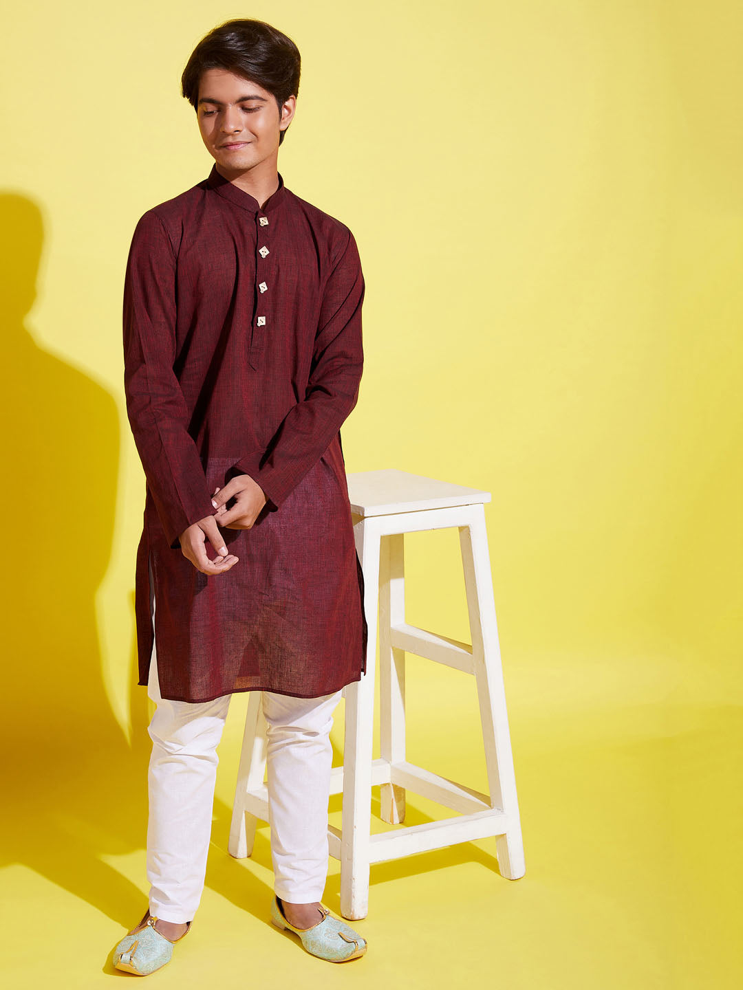 Boy's Maroon Cotton Kurta And Pyjama Set