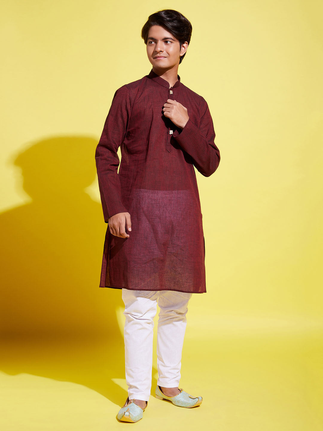 Boy's Maroon Cotton Kurta And Pyjama Set