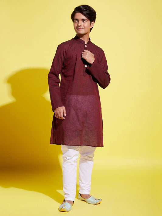 Boy's Maroon Cotton Kurta And Pyjama Set