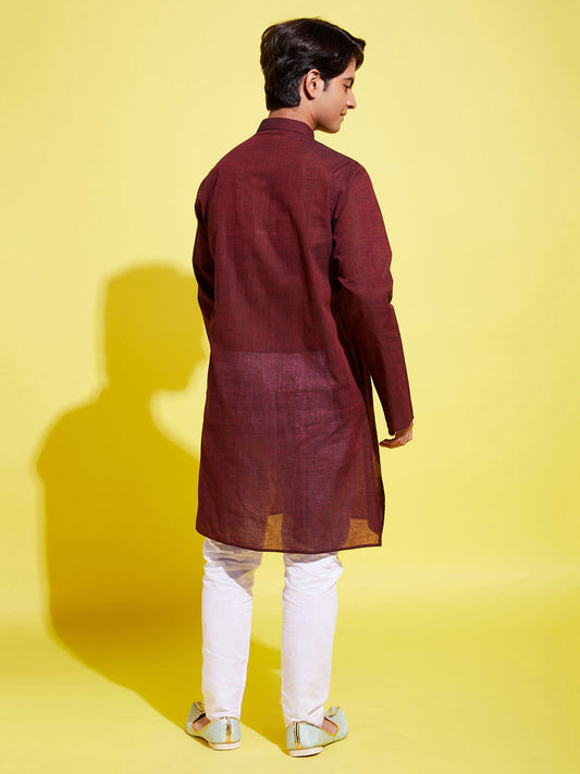 Boy's Maroon Cotton Kurta And Pyjama Set