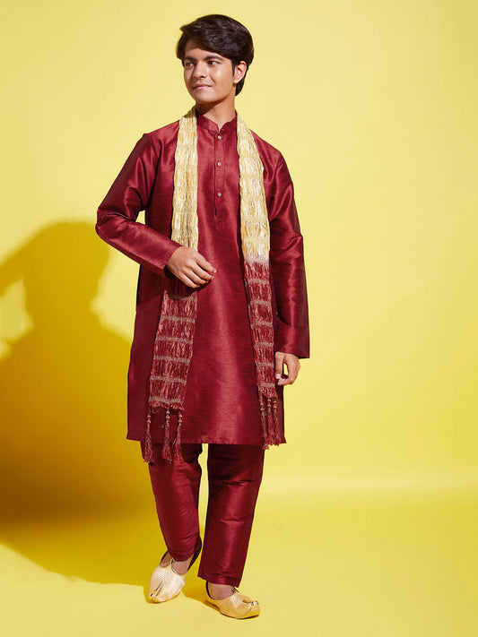 Boy's' Maroon Cotton Silk Kurta, Pyjama & Dupatta Set