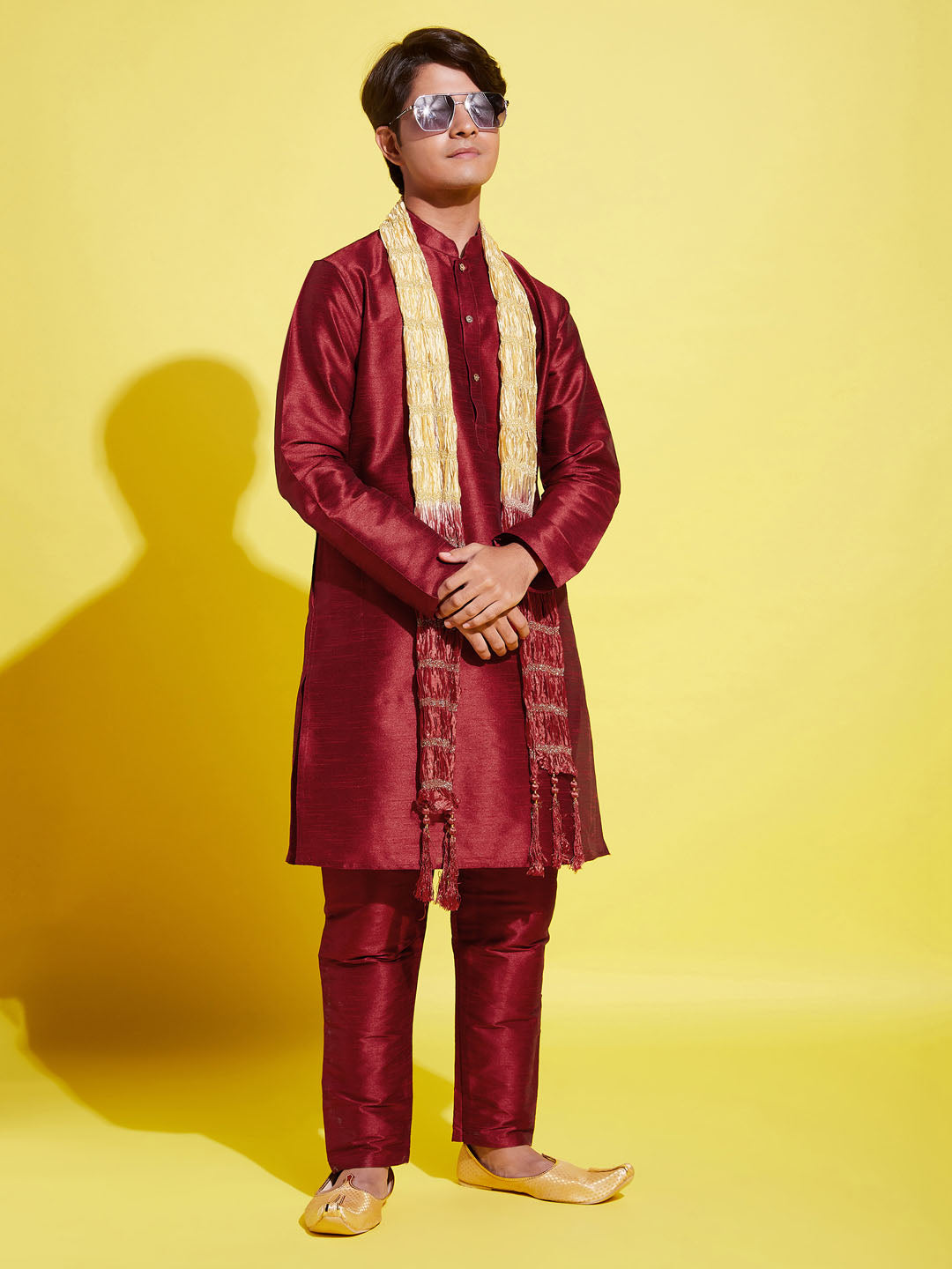 Boy's' Maroon Cotton Silk Kurta, Pyjama & Dupatta Set