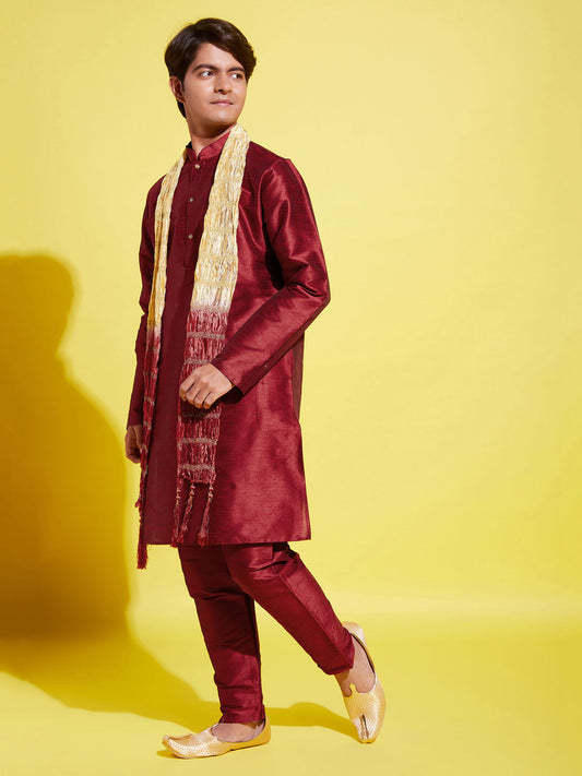 Boy's' Maroon Cotton Silk Kurta, Pyjama & Dupatta Set