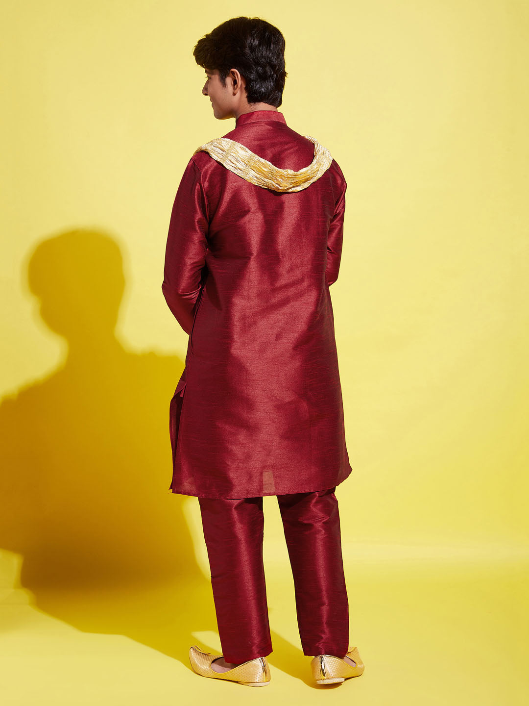 Boy's' Maroon Cotton Silk Kurta, Pyjama & Dupatta Set