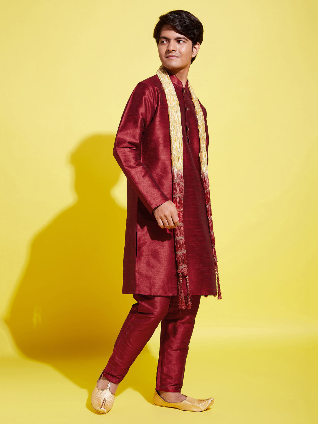 Boy's' Maroon Cotton Silk Kurta, Pyjama & Dupatta Set