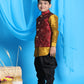 Boy's Maroon Embroidered Nehru Jacket With Mustard Kurta And Black Dhoti Set