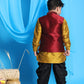 Boy's Maroon Embroidered Nehru Jacket With Mustard Kurta And Black Dhoti Set