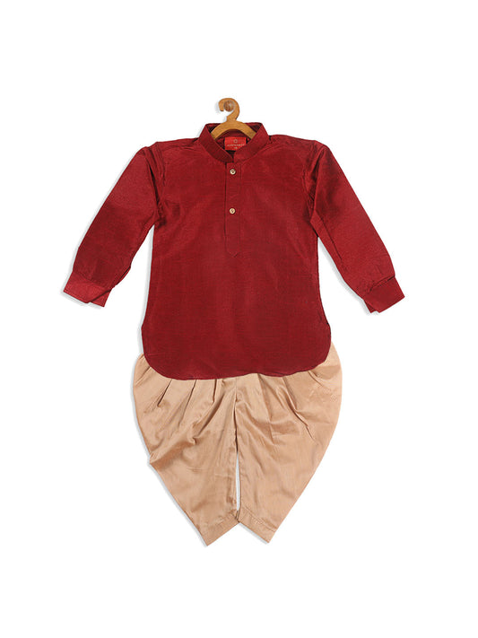 Boys' maroon kurta with gold dhoti pant set, view 3
