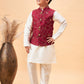 Boy's Maroon Nehru Jacket With Cream Kurta And Pyjama Set