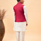 Boy's Maroon Nehru Jacket With Cream Kurta And Pyjama Set