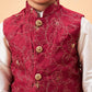 Boy's Maroon Nehru Jacket With Cream Kurta And Pyjama Set