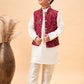 Boy's Maroon Nehru Jacket With Cream Kurta And Pyjama Set